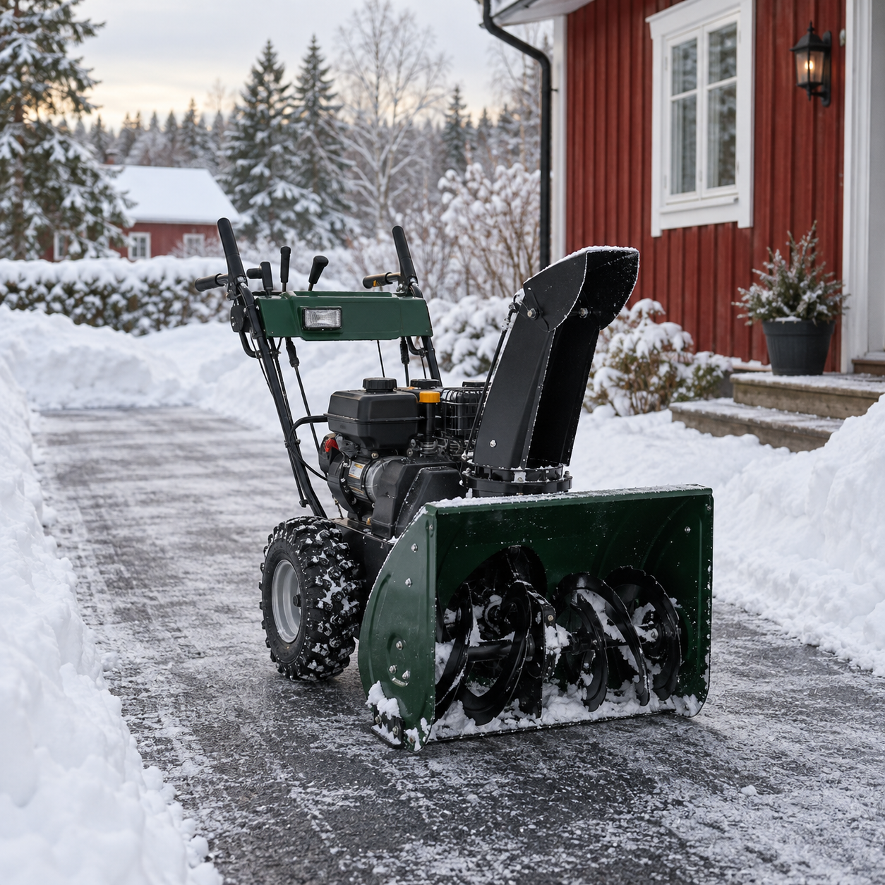 Snöslunga på en röjd uppfart vid ett rött trähus.