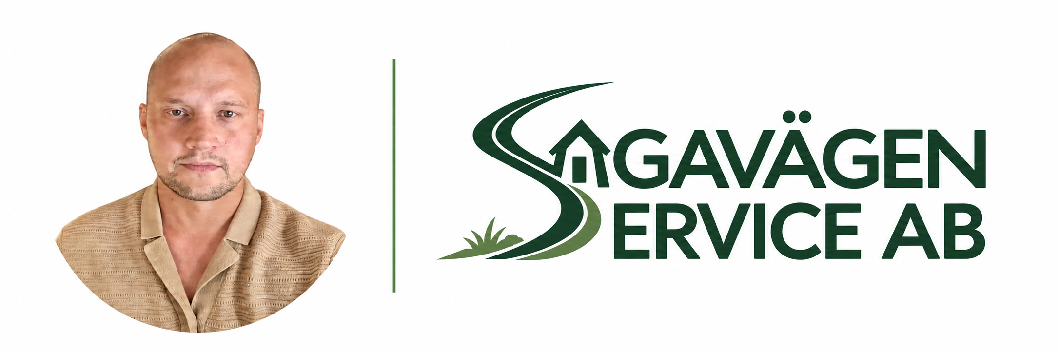 Porträtt av Niclas till vänster och Sagavägen Service AB:s logotyp till höger.