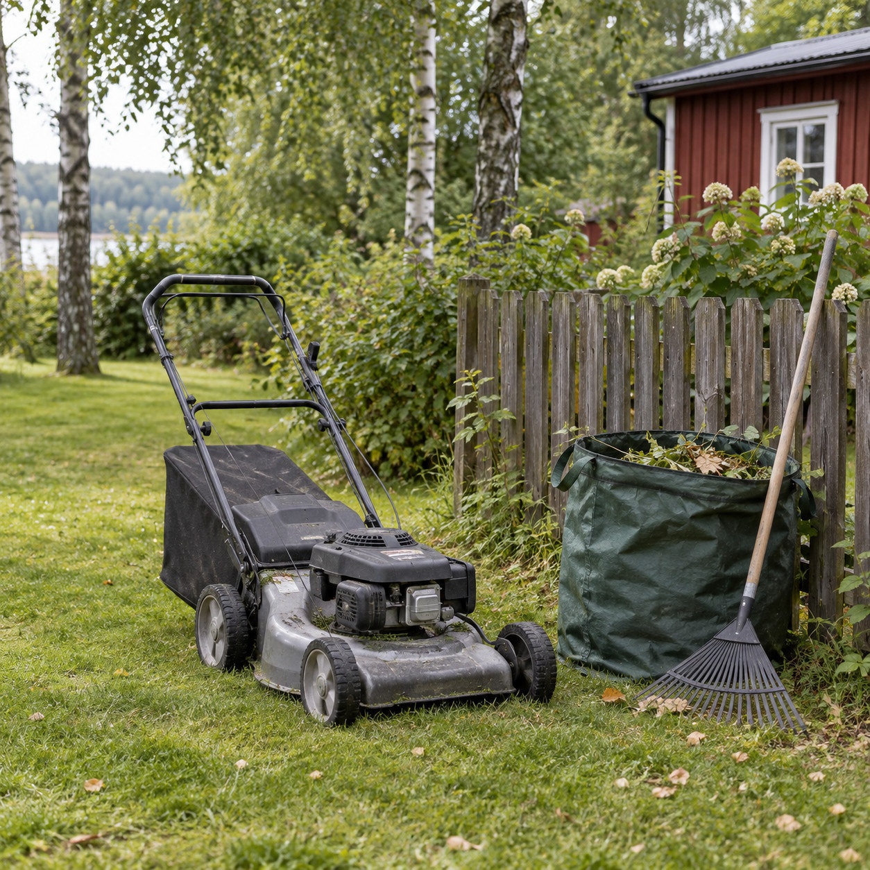 Gräsklippare, kratta och trädgårdssäck vid en gräsmatta.